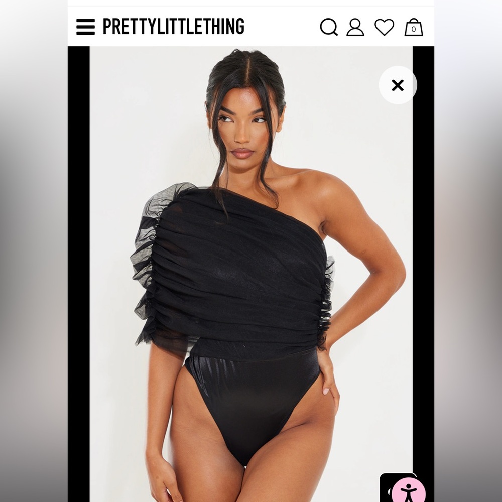 Pretty Little Thing Black Sheer Ruffle One Shoulder Bodysuit